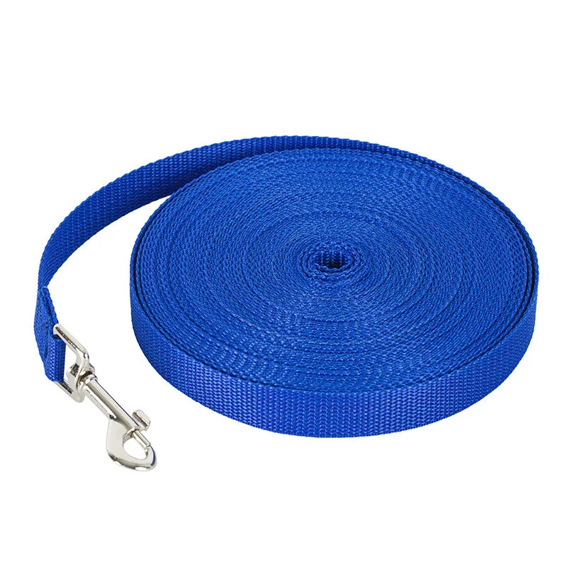 Blue dog leash with a metal clip on a white background