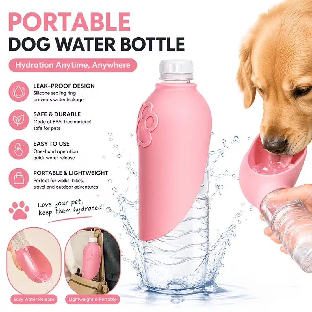 Pink portable dog water bottle with a flower-shaped handle, shown with a golden retriever drinking from a water bowl and a human hand holding a water bottle. The image includes marketing text highlighting leak-proof, safe, durable, and portable features.