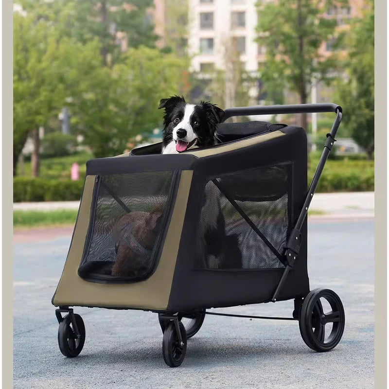Dog in a stroller with a cityscape background