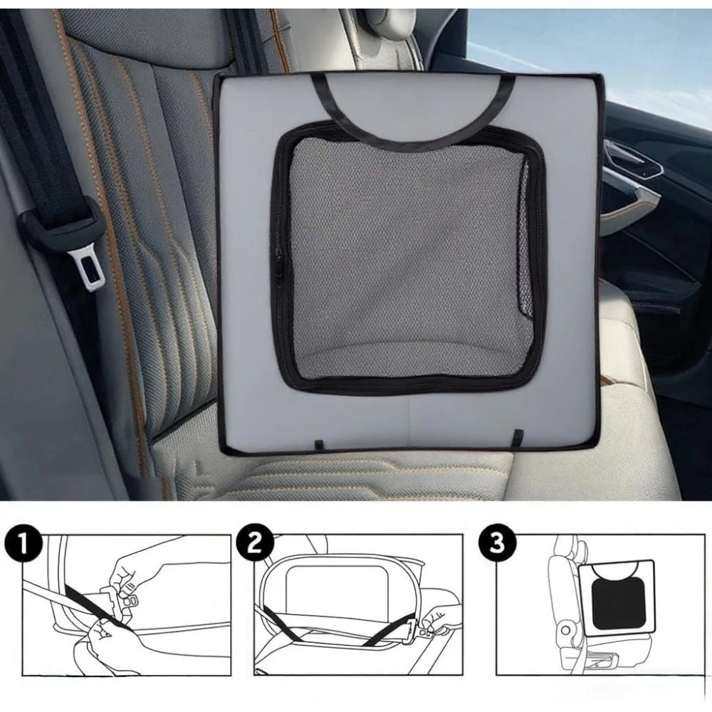 Car seat cover with mesh design installed in a car seat, with installation instructions below.