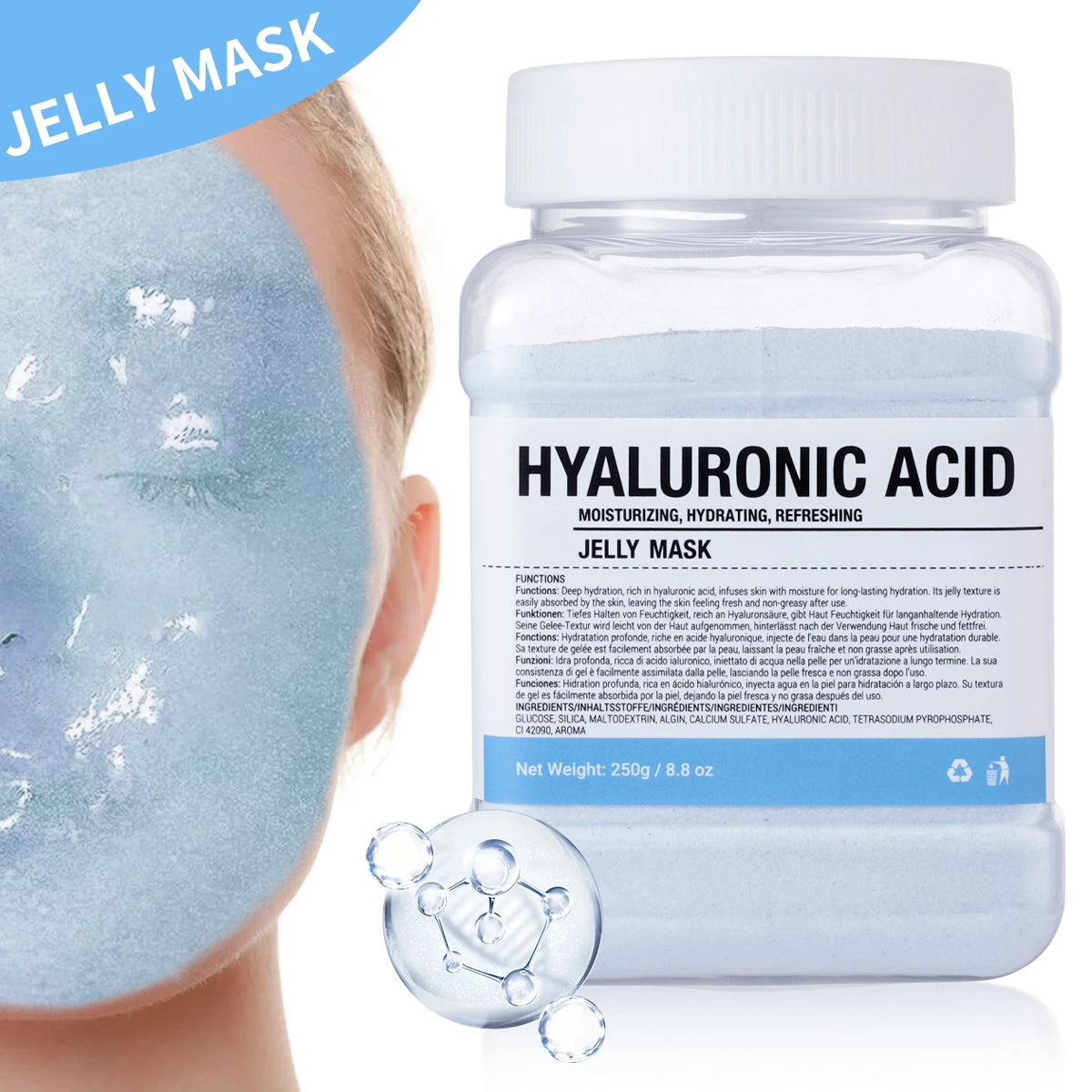 Hyaluronic acid jelly mask with a jar labeled 'Jelly Mask' on a white background