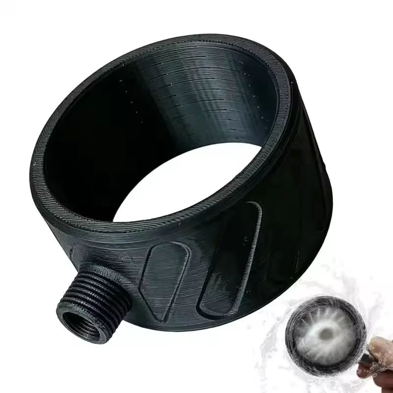 A black 3D-printed shower head nozzles adapter with a threaded male connection, shown on a white background with a small inset demonstrating water flow.