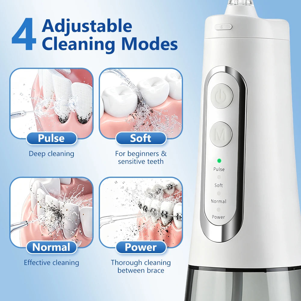 A white electric toothbrush shown next to four inset panels explaining four adjustable cleaning modes: Pulse, Soft, Normal, and Power. The image highlights the toothbrush's control buttons and LED indicator light against a light blue gradient background.