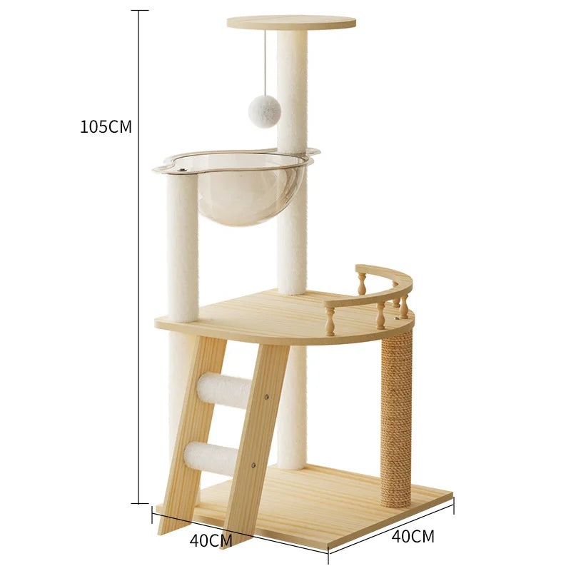 Wooden cat tree with dimensions labeled on a white background