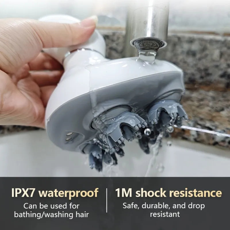A hand holds a white and gray hair washing brush under a running faucet to demonstrate its waterproof design. The image features promotional text overlays highlighting its IPX7 waterproof rating and 1M shock resistance, with a 'FLANIQUE NEW ARRIVAL' badge in the top left corner.