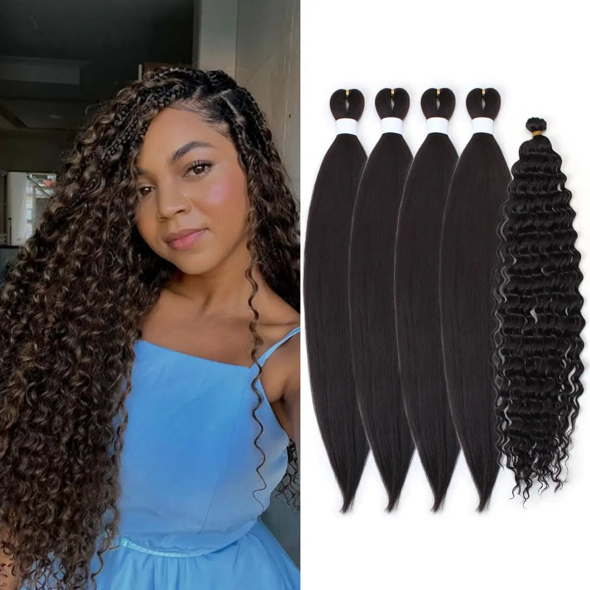 Woman with long curly hair next to bundles of black hair extensions.