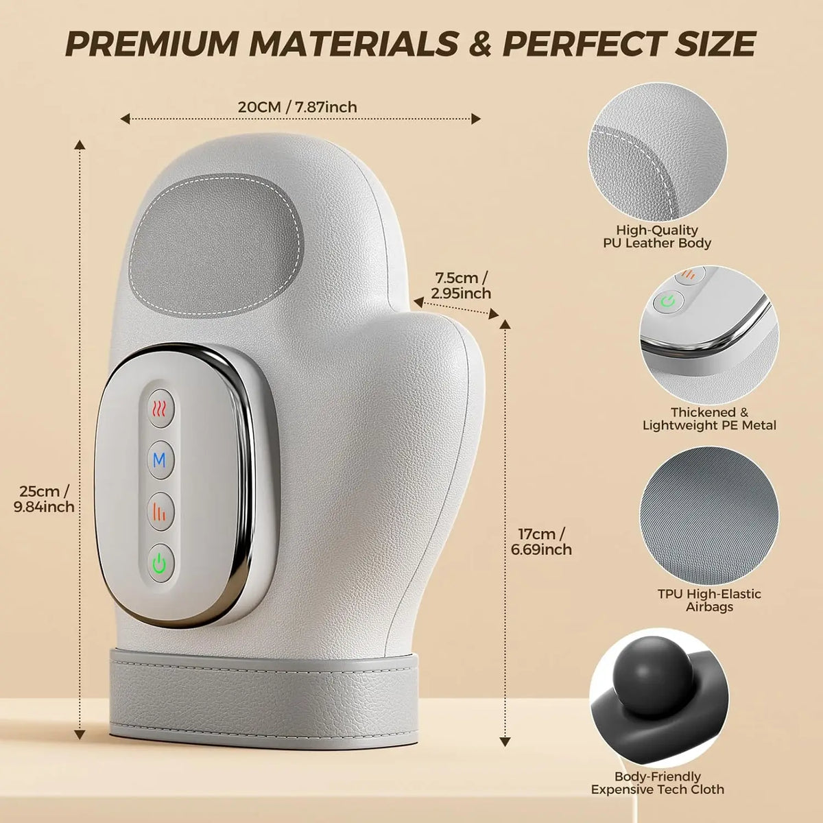 Gray massage device with dimensions and material details on a beige background