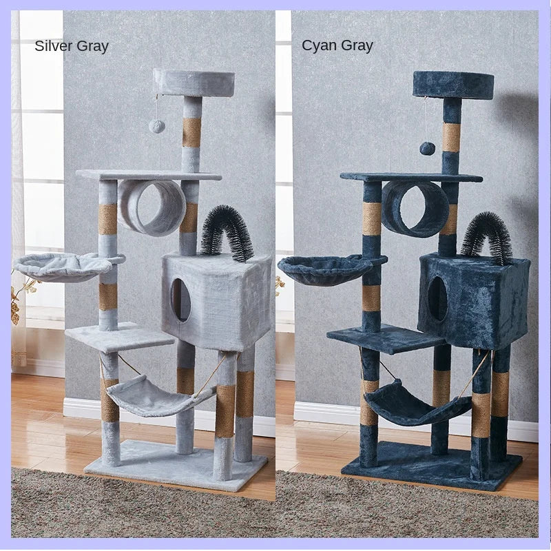 Two cat trees, one silver gray and one cyan gray, on a neutral background.