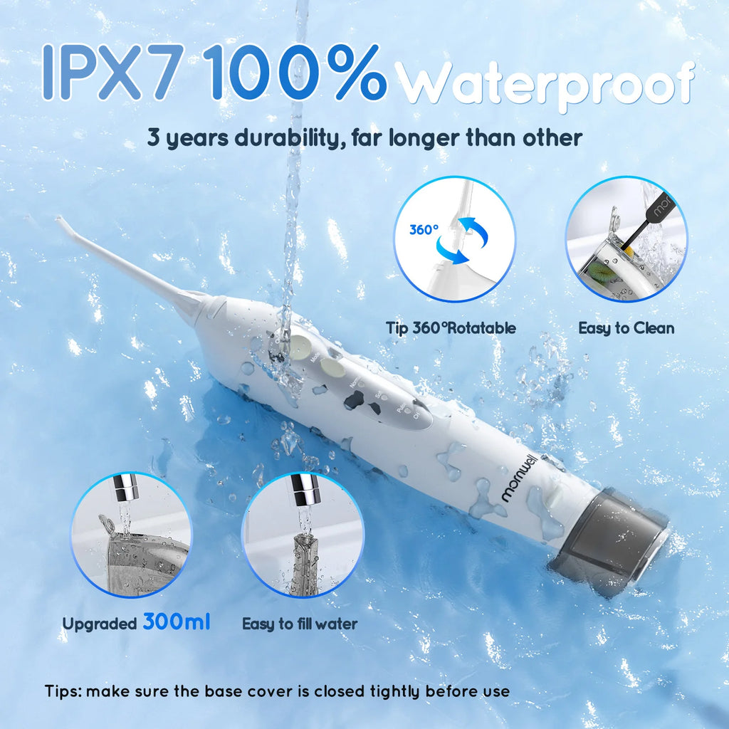 Waterproof dental tool with features highlighted on a blue background