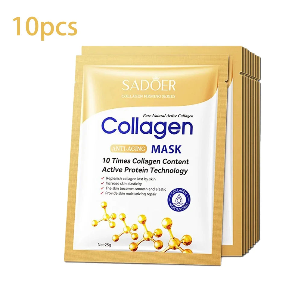 Packaging of SADOER collagen mask with 10 masks inside on a white background