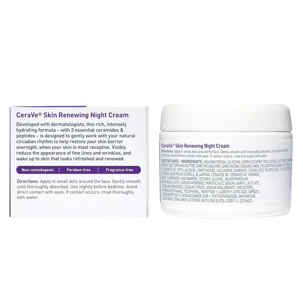 CeraVe Skin Renewing Night Cream shown with its white and purple product box on a plain white background.