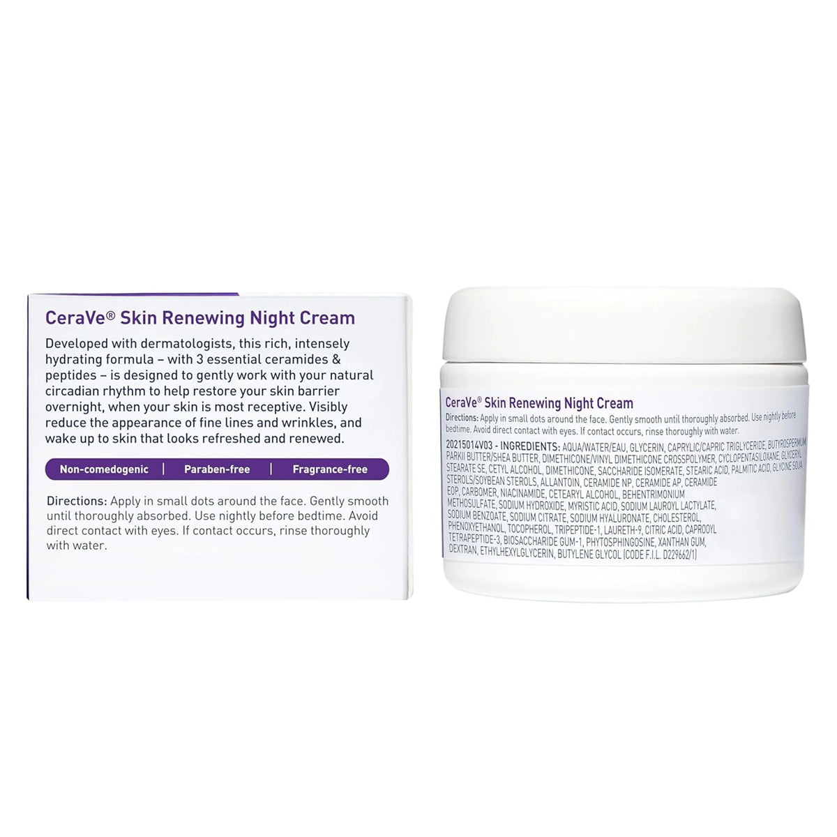CeraVe Skin Renewing Night Cream shown with its white and purple product box on a plain white background.