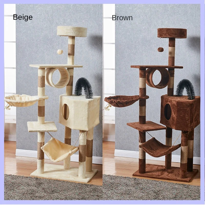 Two cat trees, one beige and one brown, side by side on a neutral background.