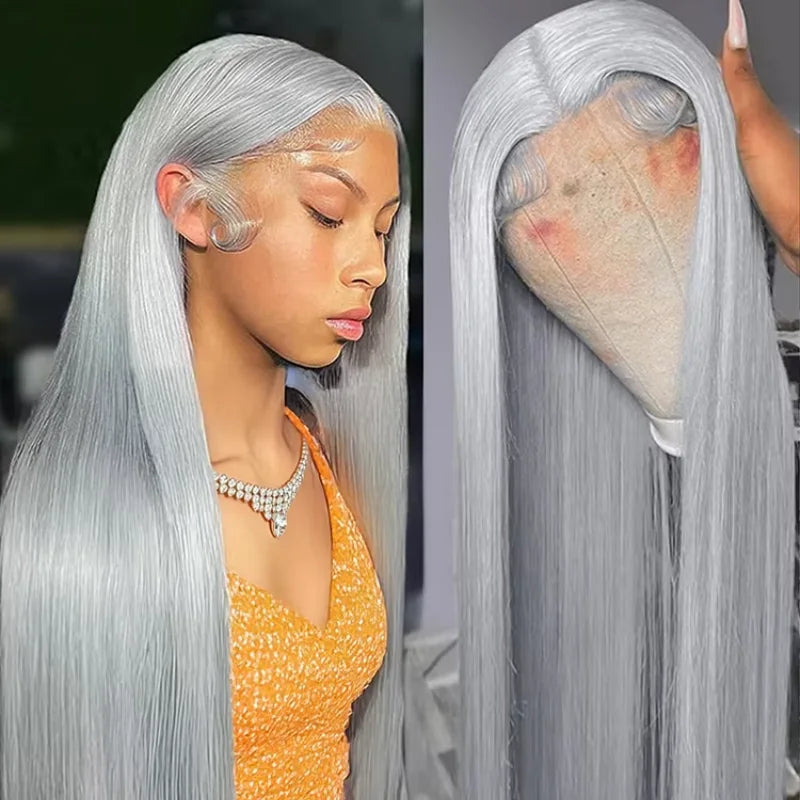Woman with long silver hair wearing a lace front wig, close-up of the wig's back.