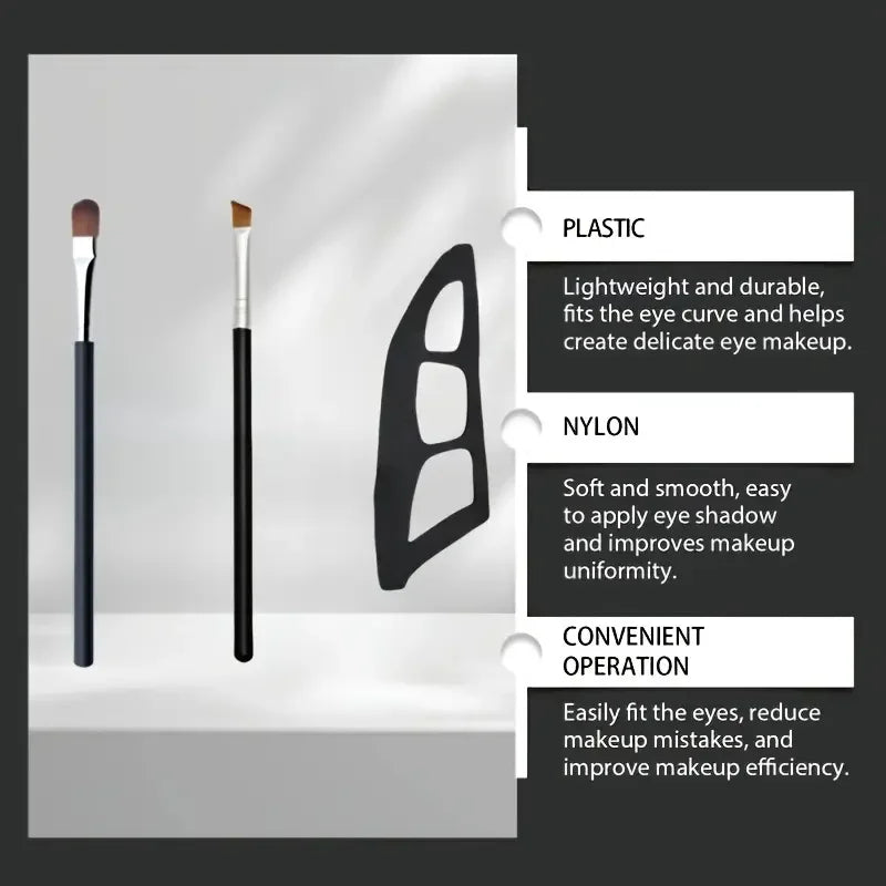 Makeup brushes with descriptions of material and use on a gray background