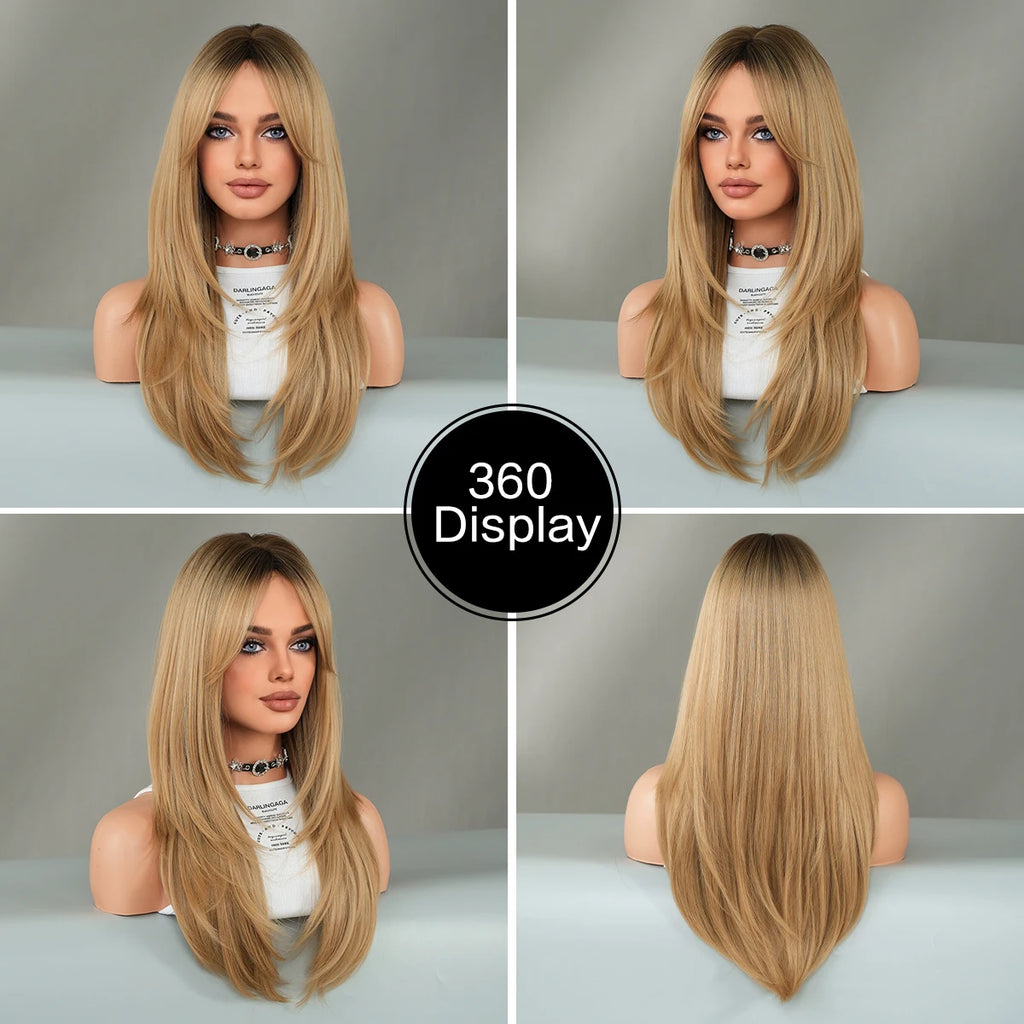 Four-panel display of a long straight wig on a mannequin head against a light gray studio background, showing front, angled, side, and back views. A black circular badge in the center reads '360 Display'.