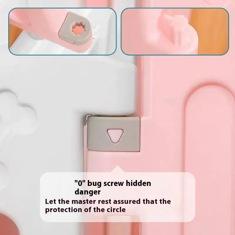 Close-up of a pink and white plastic safety gate or enclosure, showing a metal latch with a triangular safety cover and inset detail views with overlaid text about securing the latch.