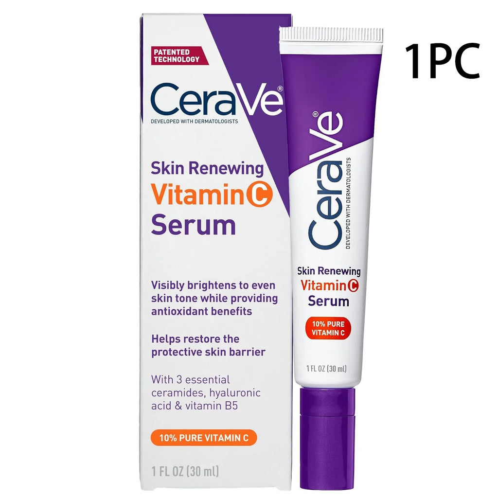 CeraVe Skin Renewing Vitamin C Serum shown with its retail box and squeeze tube on a plain white background, with a '1PC' text overlay in the top right.