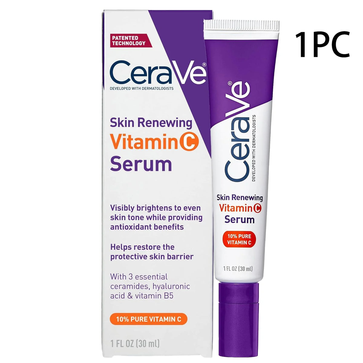 CeraVe Skin Renewing Vitamin C Serum shown with its retail box and squeeze tube on a plain white background, with a '1PC' text overlay in the top right.
