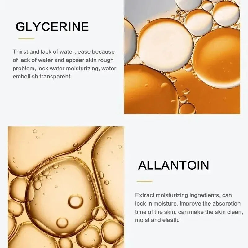Text about glycerine and allantoin with images of oil and water bubbles.