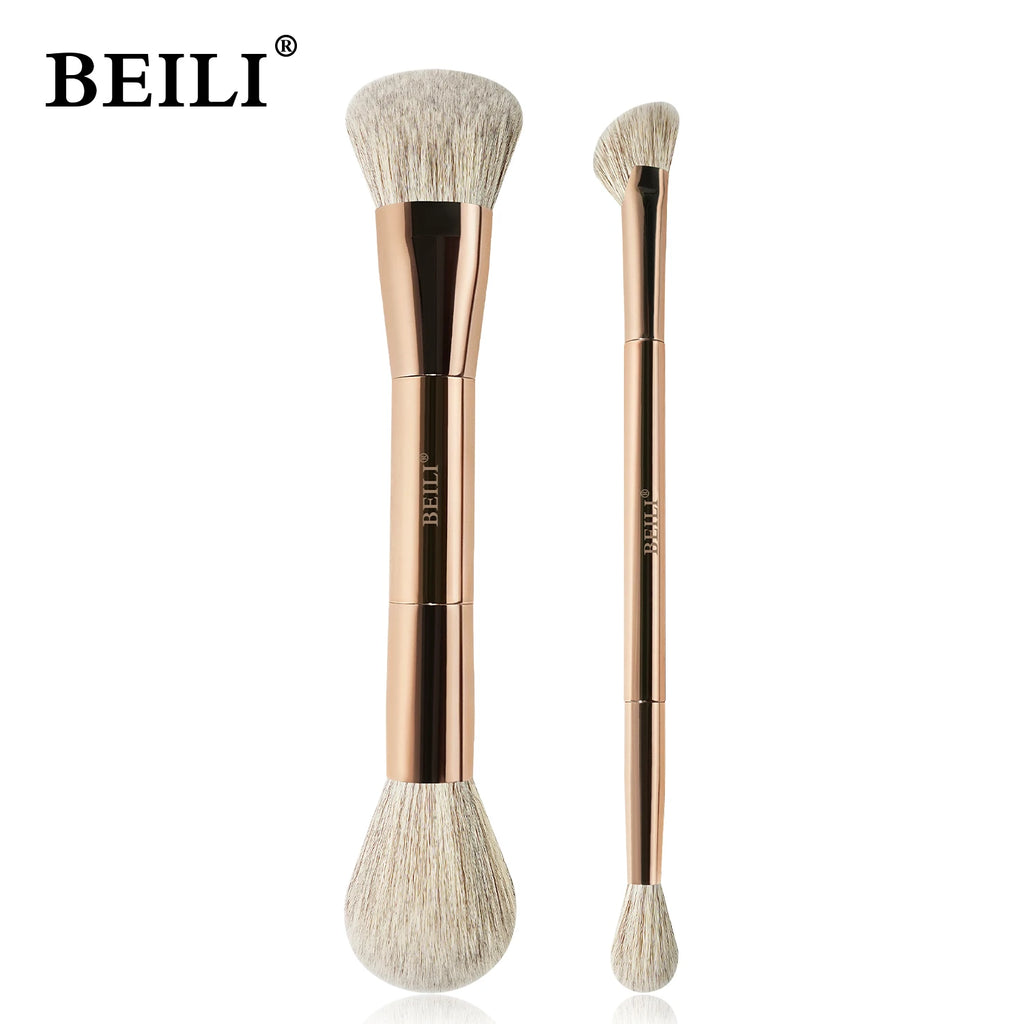 Two makeup brushes with rose gold handles and white bristles on a white background, featuring the BEILI brand.