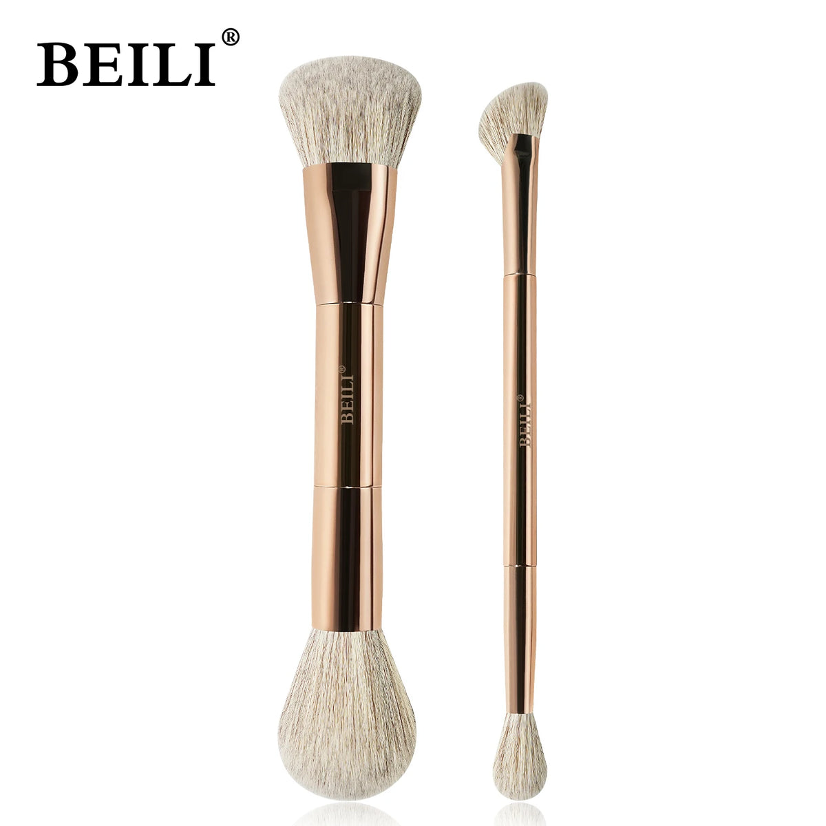 Two makeup brushes with rose gold handles and white bristles on a white background, featuring the BEILI brand.
