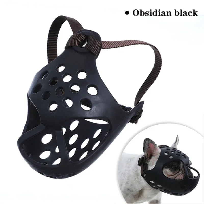 Black dog muzzle with brown strap on a white background, inset showing a dog wearing the muzzle.