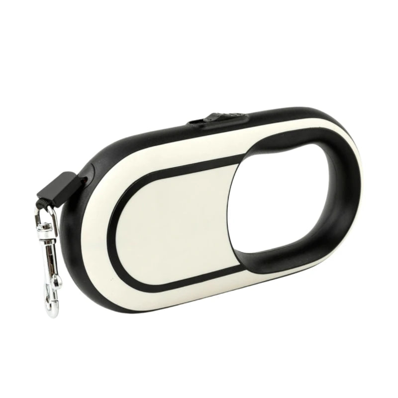 Black and white retractable dog leash on a white background