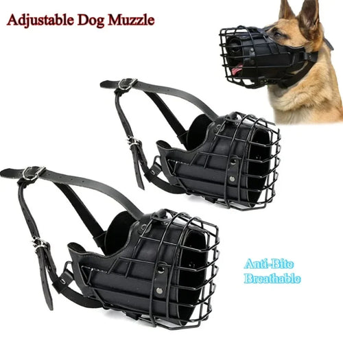 Two black adjustable dog muzzle masks with wire cages are shown on a white background, with a German Shepherd pictured in the top right wearing one. Text reads 'Adjustable Dog Muzzle' and 'Anti-Dite Breathable'.
