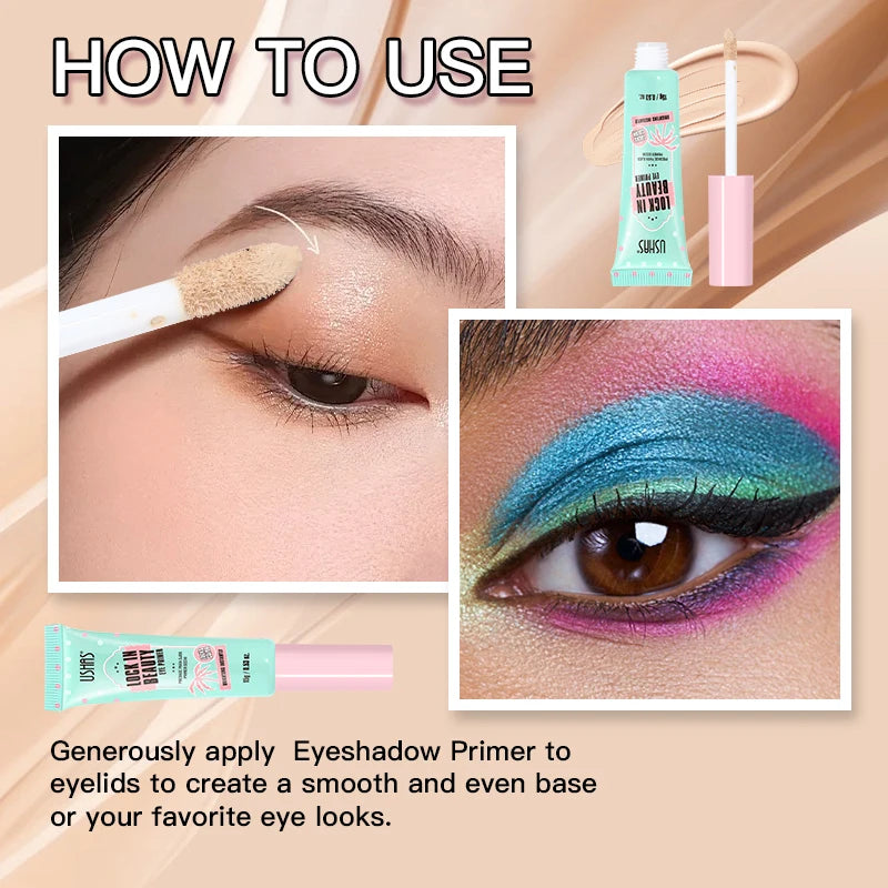 Instructions on how to use eyeshadow primer with close-up shots of application and colorful eye makeup.