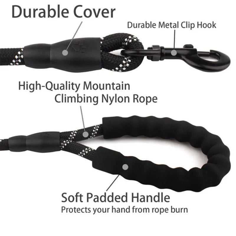 Black dog leash with durable cover, metal clip hook, high-quality mountain climbing nylon rope, and soft padded handle on a white background.