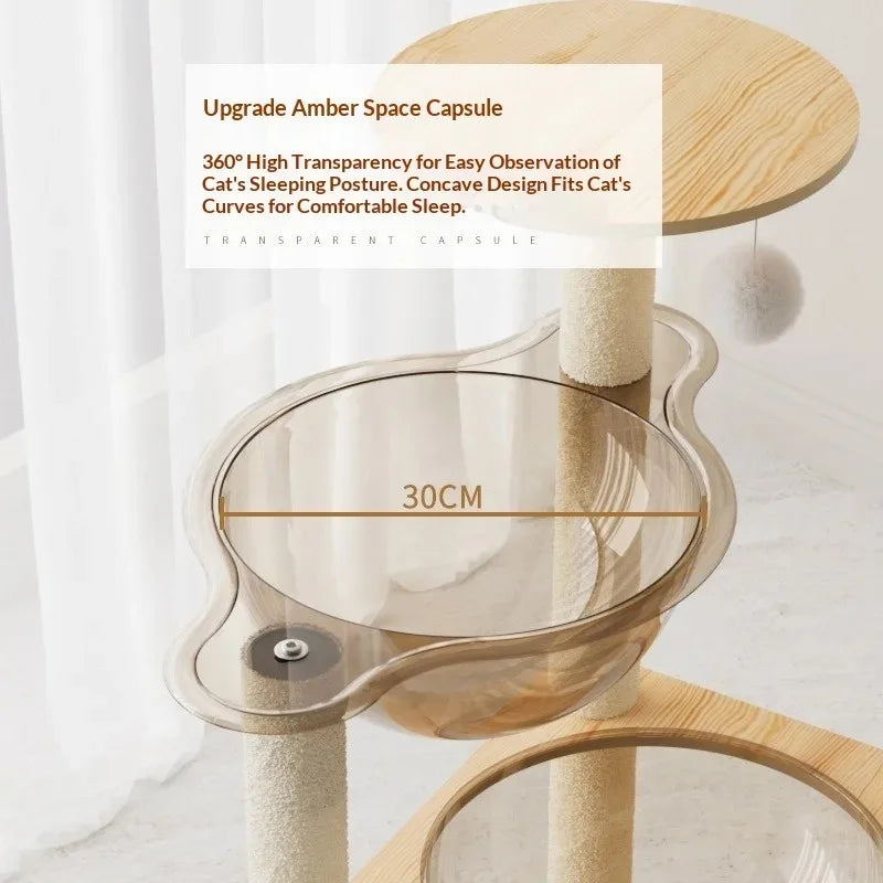 A close-up of a cat tree with a transparent amber-colored space capsule perch, overlaid with text describing its high transparency and concave design for cat comfort. A dimension marker indicates 30CM width.