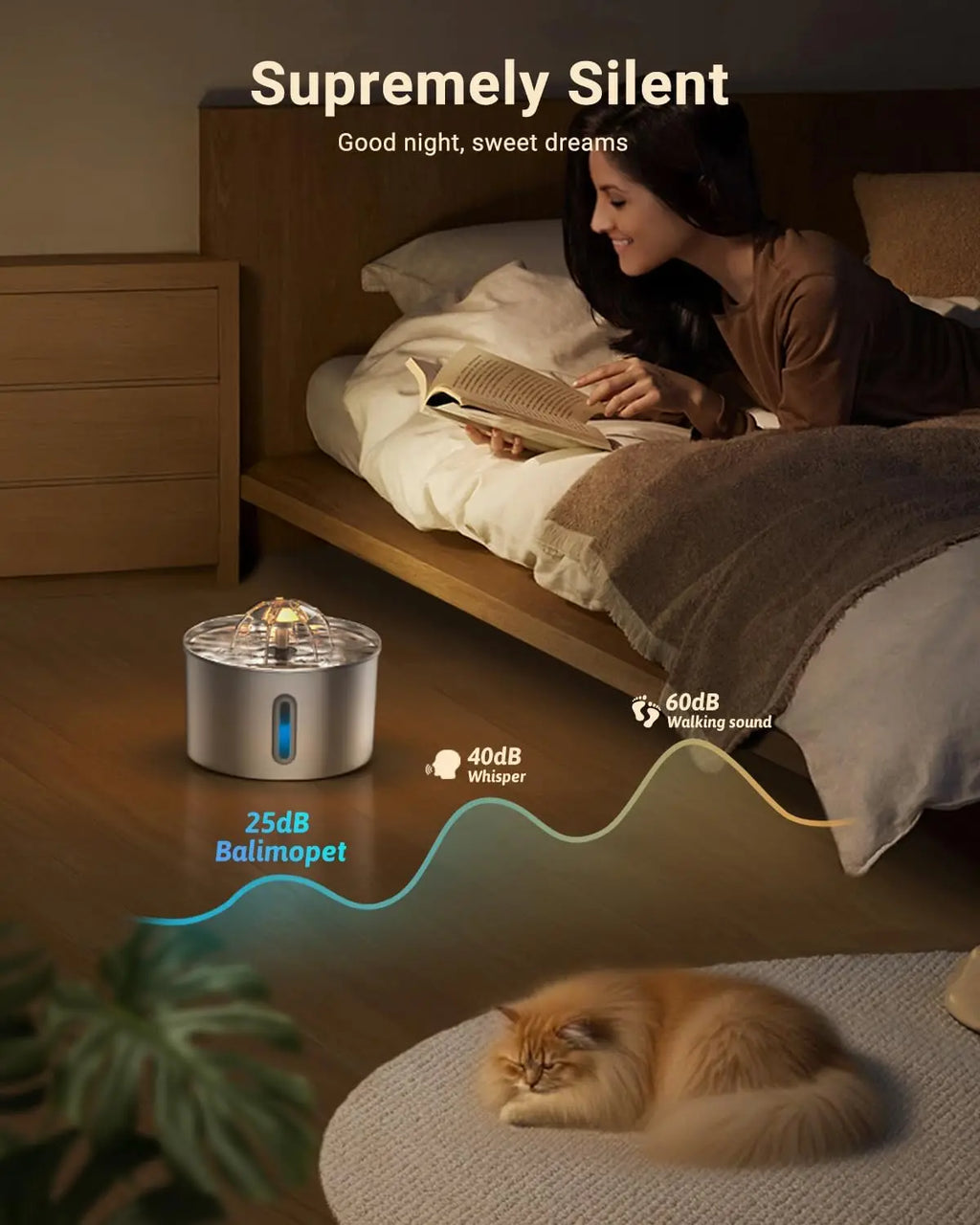 Woman reading in bed with a cat, featuring a noise machine labeled 'Supremely Silent' with sound level indicators.