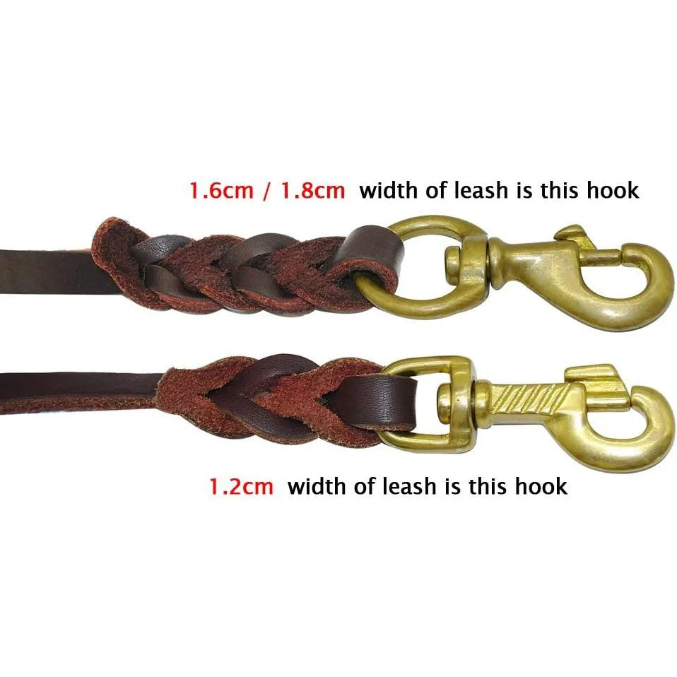 Brown leather leash with gold hooks on a white background, showing measurements.
