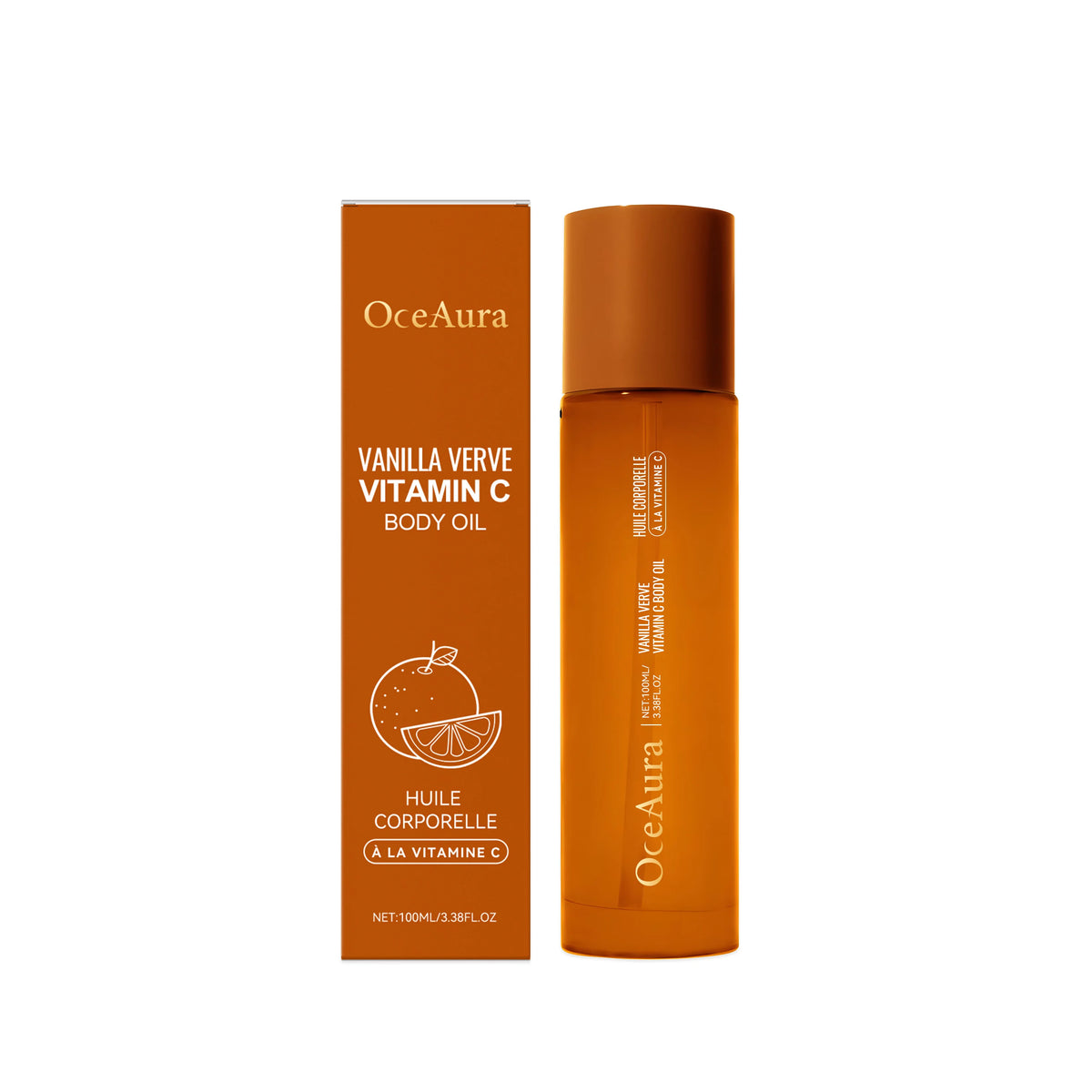 OceAura Vanilla Verve Vitamin C body oil with packaging on a white background