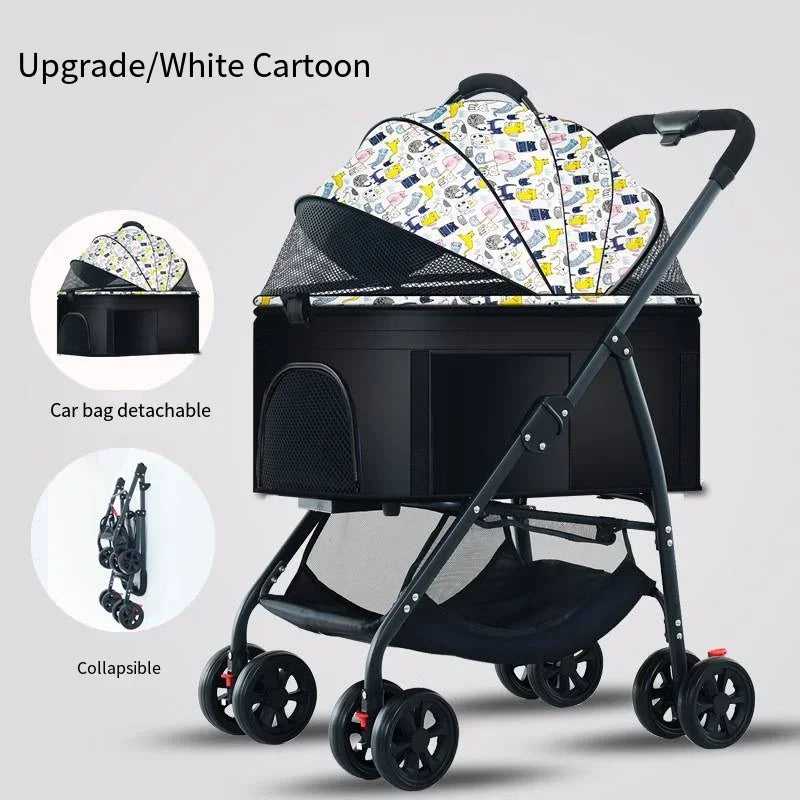Black baby stroller with a detachable and foldable feature on a light gray background