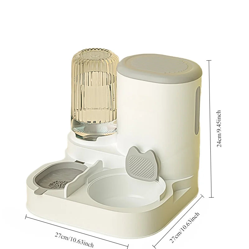 Pet water bottle and feeder with dimensions on a white background