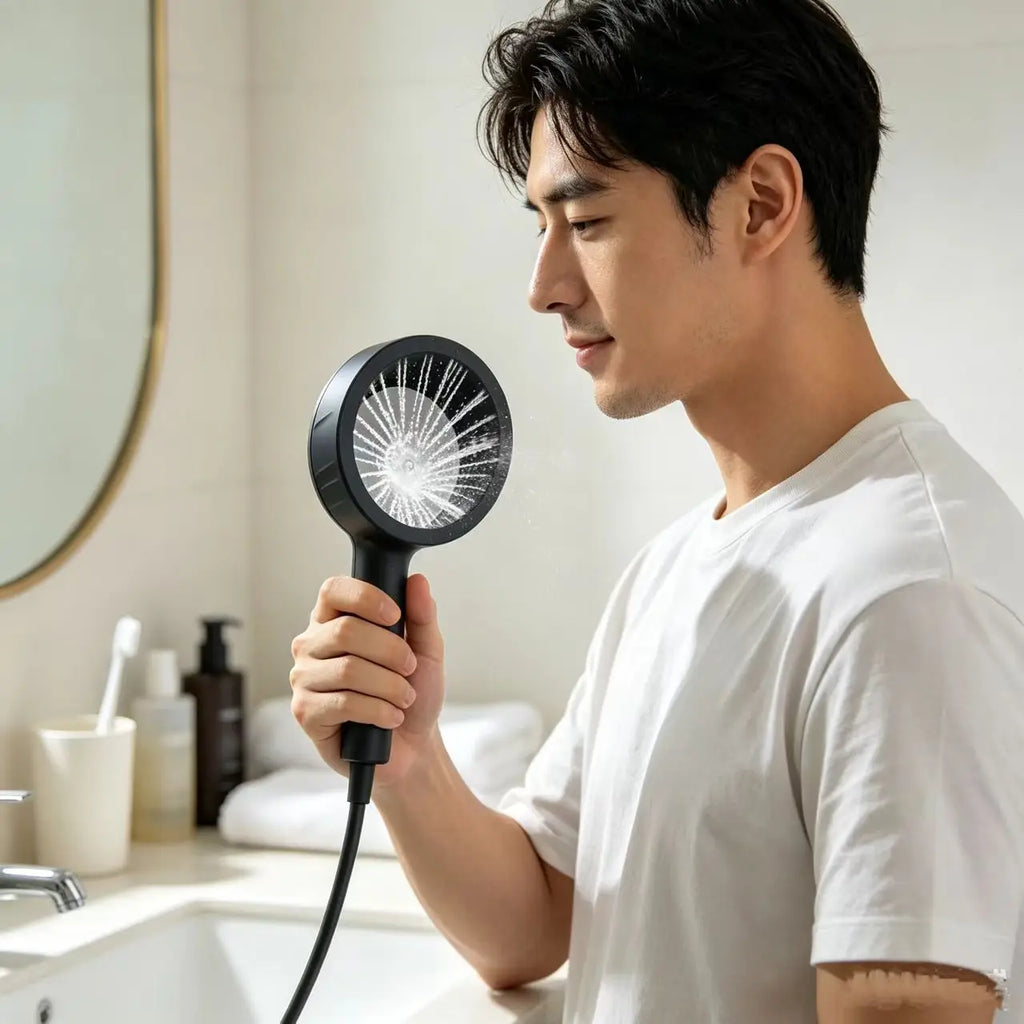 A man in a white t-shirt holds a black handheld fan with a circular mesh grille in a bright, modern bathroom setting.