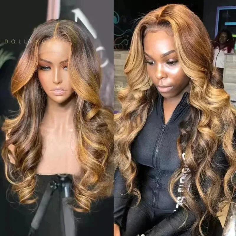 Two images of a woman with long, wavy hair styled differently.