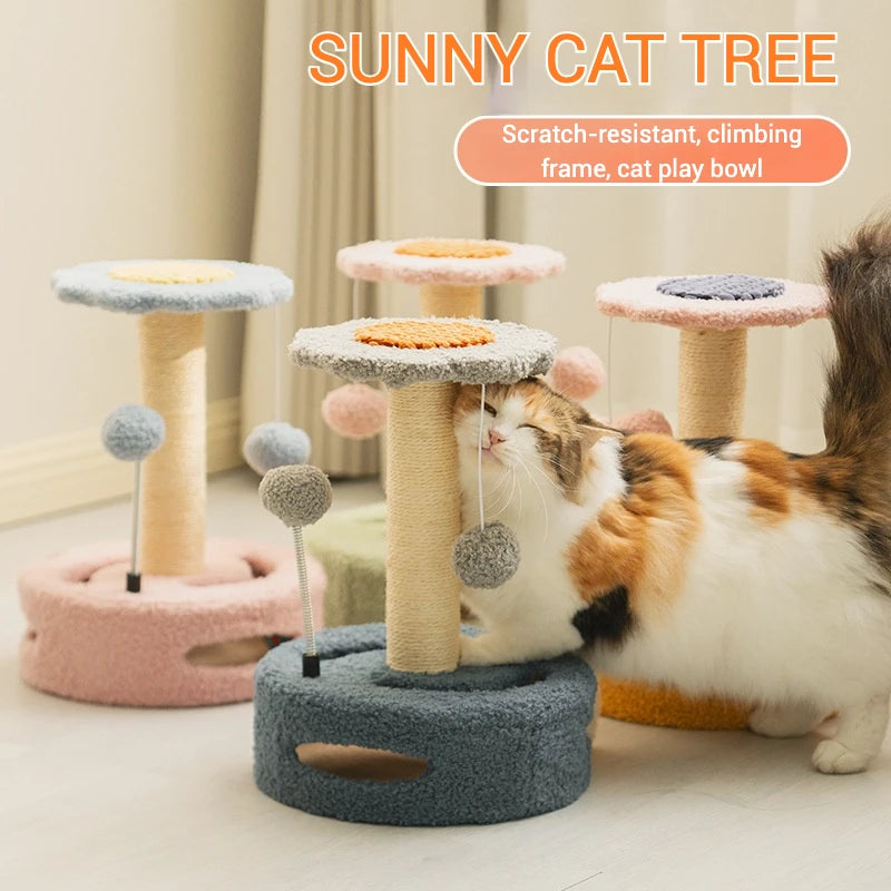 Cat tree with multiple levels and a cat playing on it, labeled 'Sunny Cat Tree'.