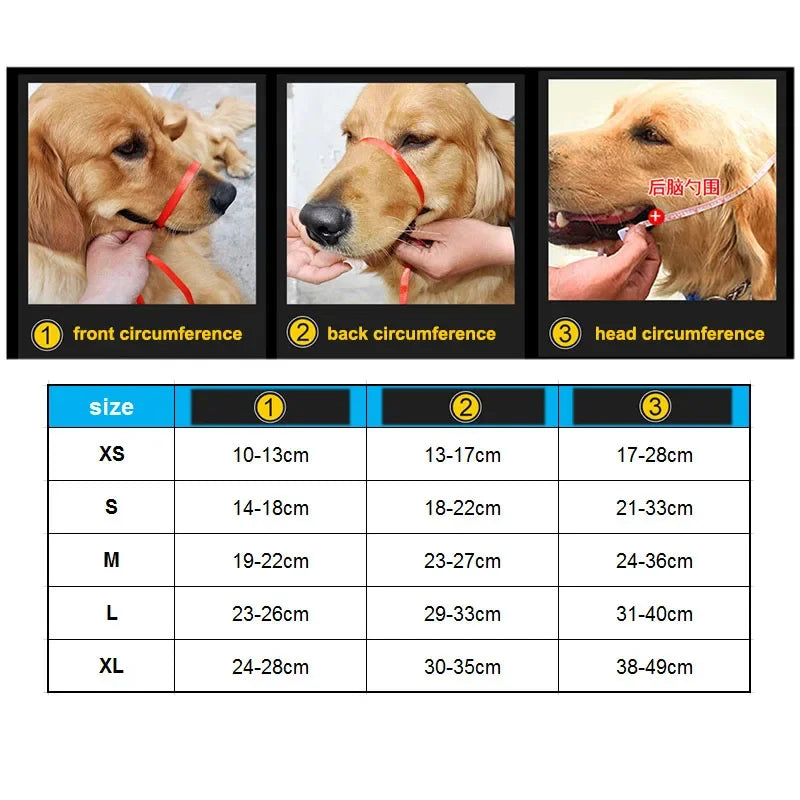 Dog muzzle size chart with images of dogs wearing muzzles and measurement guide.
