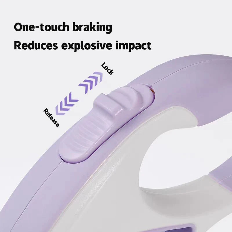 Close-up of a purple and white device with text on one-touch braking and explosive impact reduction.