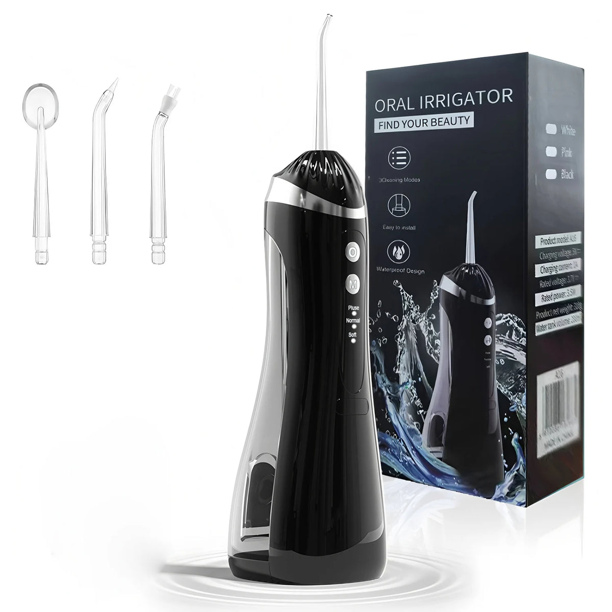 Black oral irrigator with packaging, attachments, and USB cable on a white background