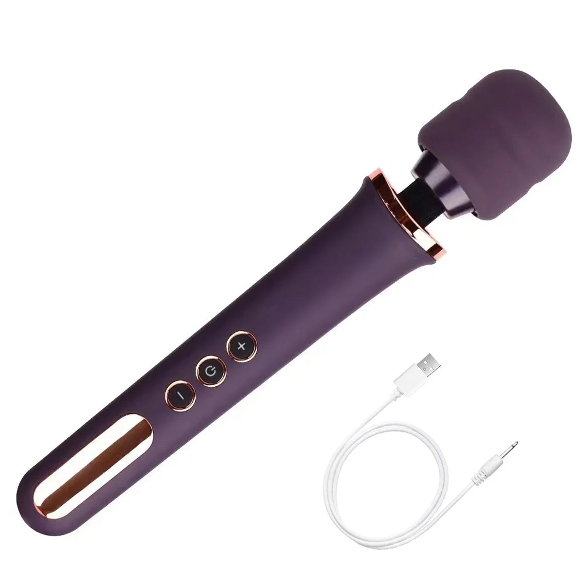 Purple handheld electronic device with USB cable on a white background