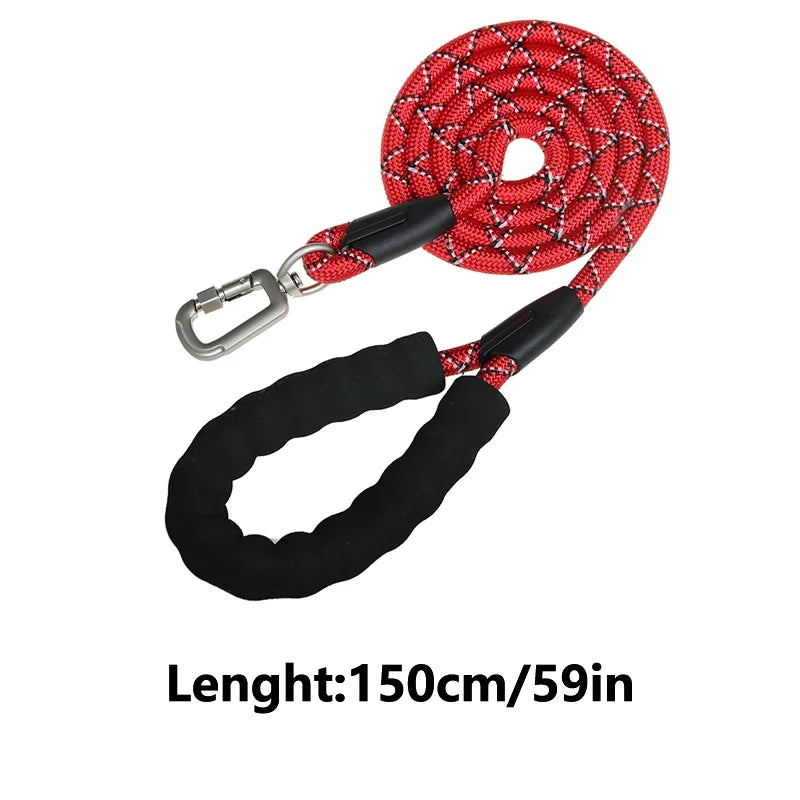 Red and black braided dog leash with a black padded handle and silver metal clasp, shown on a white background with text reading 'Lenght:150cm/59in'.