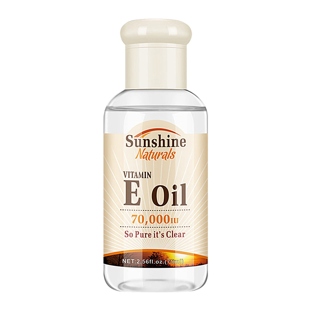 Bottle of Sunshine Naturals Vitamin E Oil on a white background