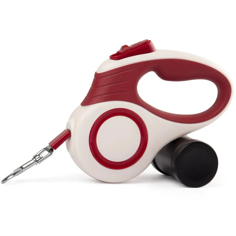 Red and white retractable dog leash on a white background