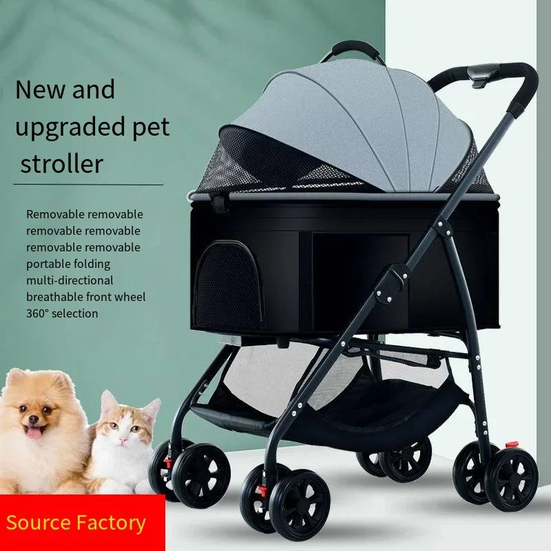 Pet stroller with text highlighting features, accompanied by two pets on a light background.