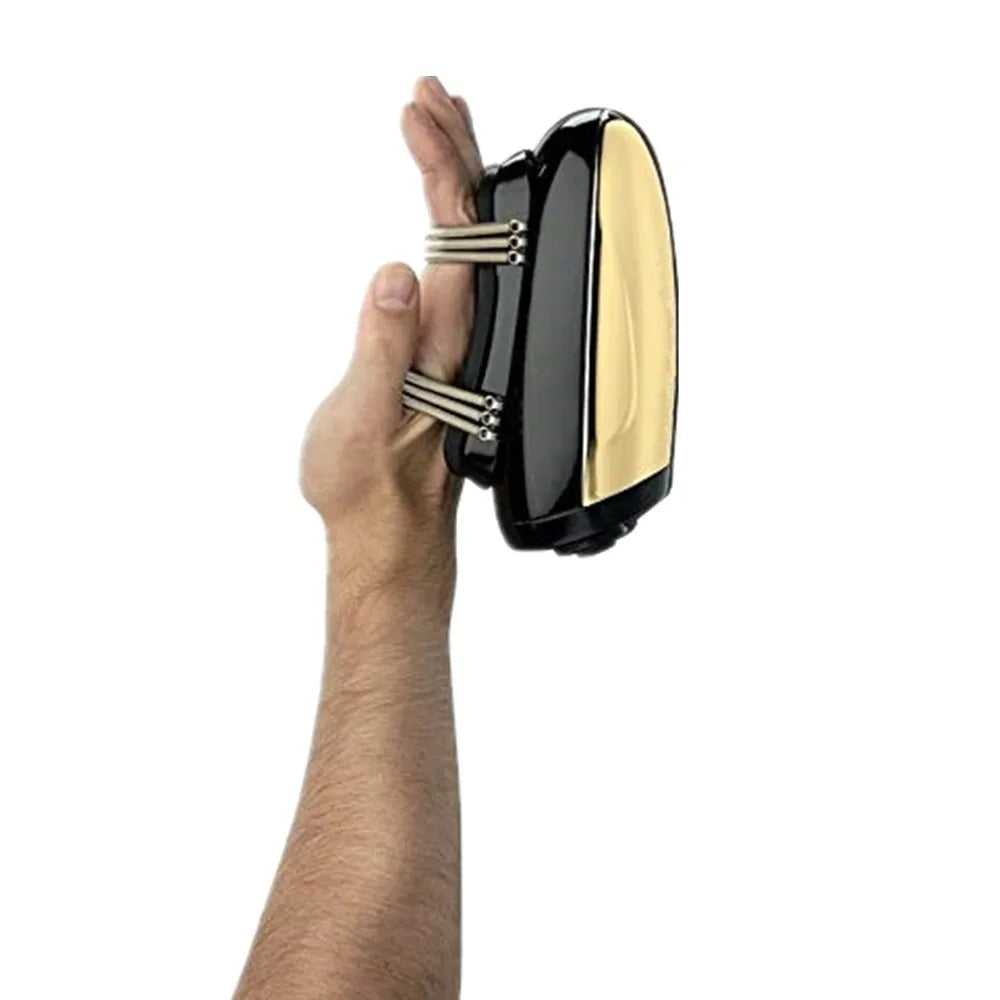 Hand holding a black and gold hair straightener against a white background