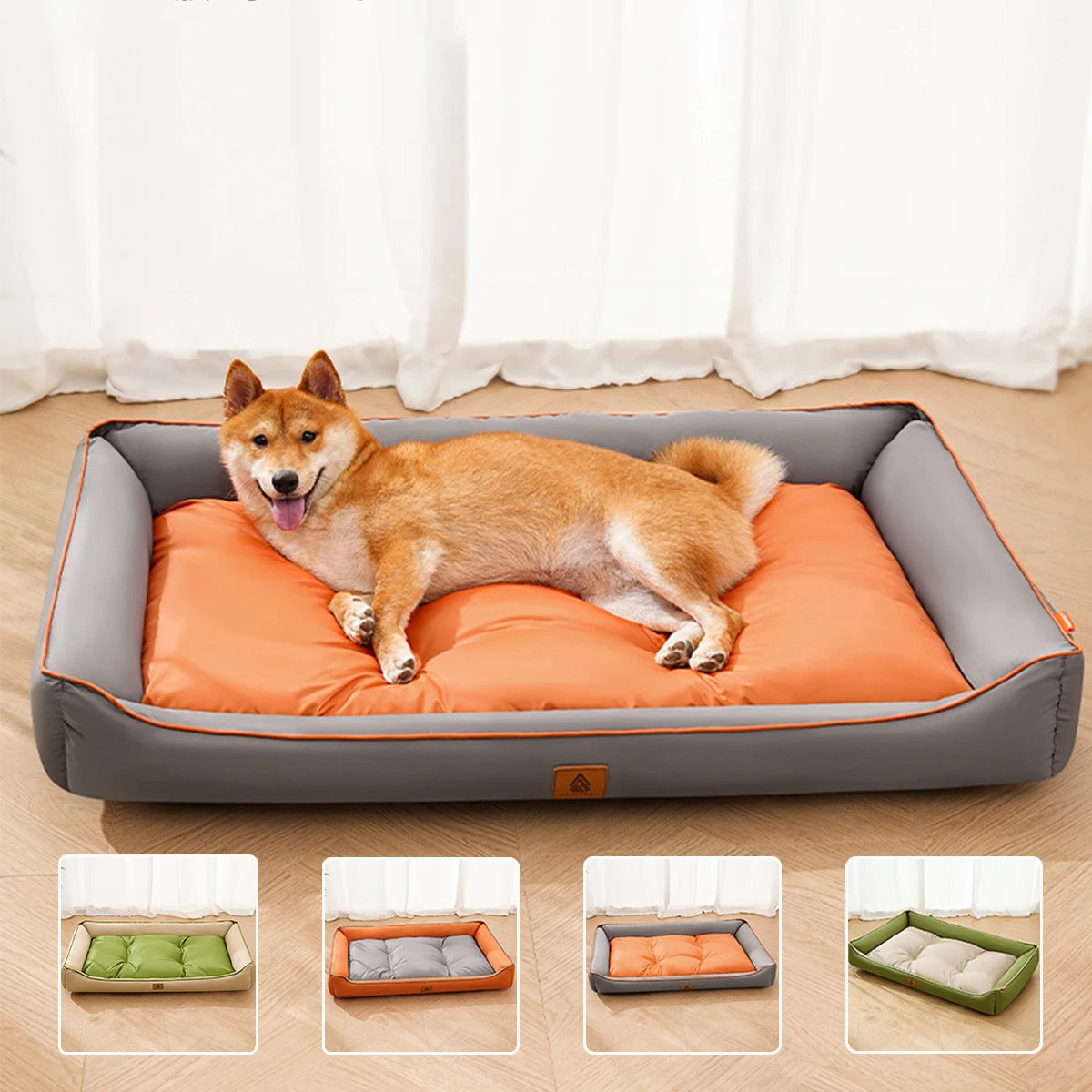 Dog lying on an orange and gray pet bed with additional images of the bed in different colors.
